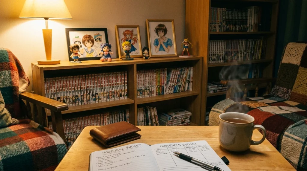 整理されたアニメグッズ棚と家計ノートで趣味費の見直しを表す画像