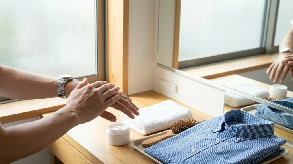 40代男性が朝の洗面所で肌と髪と服装を整える準備をしている様子