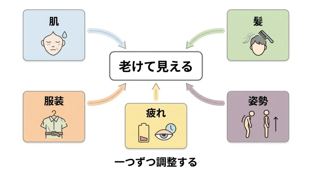 40代男性の老け見えを肌髪服装姿勢疲れの5要素で整理した図解