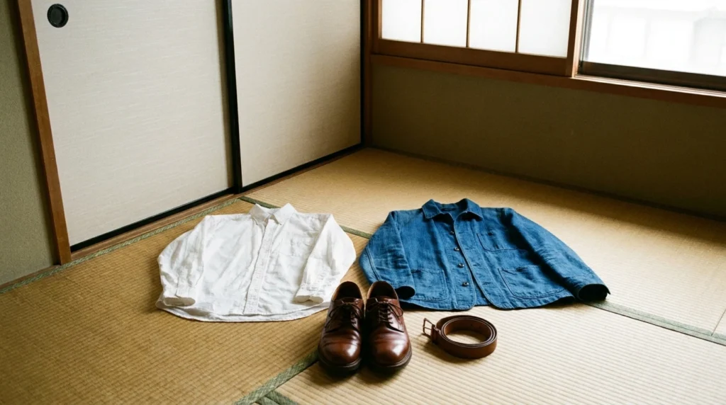 40代男性の清潔感を整えるためのシャツとジャケットと革靴