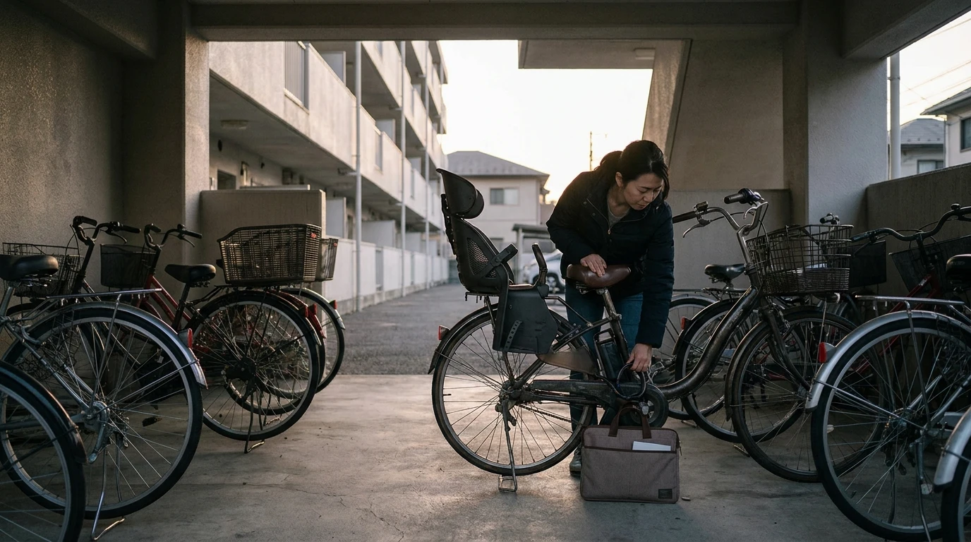 自転車を手放す前に鍵と登録カードの控えを確認する女性