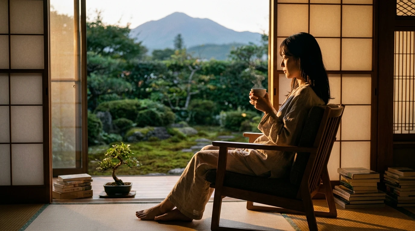 夕方の窓辺で温かい飲み物を持ち、静かに気持ちを整理する日本人女性