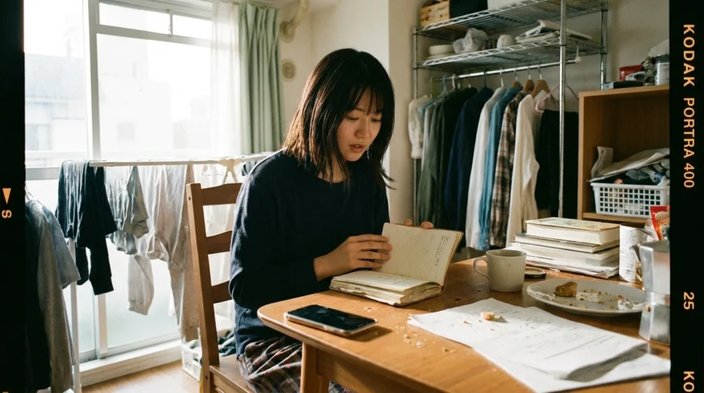 夕方の窓辺で温かい飲み物を持ち、静かに気持ちを整理する日本人女性
