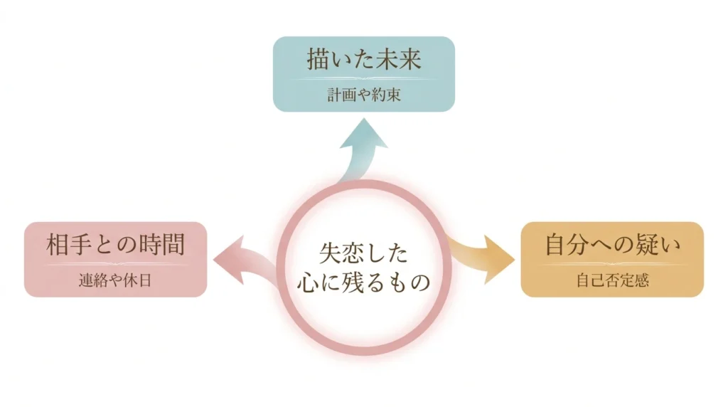 失恋後に残りやすい相手との時間、思い描いた未来、自分への疑問を分けた図解