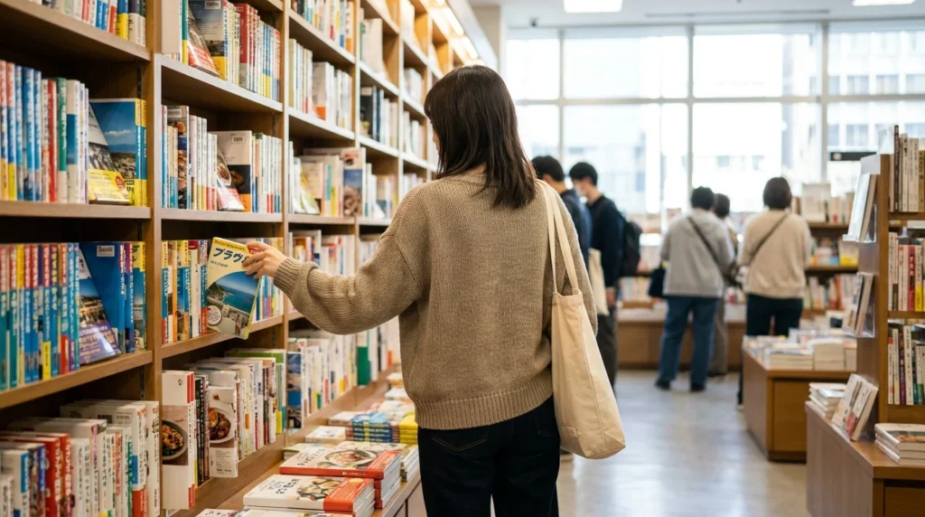 休日の書店で一人の時間を穏やかに過ごす日本人女性