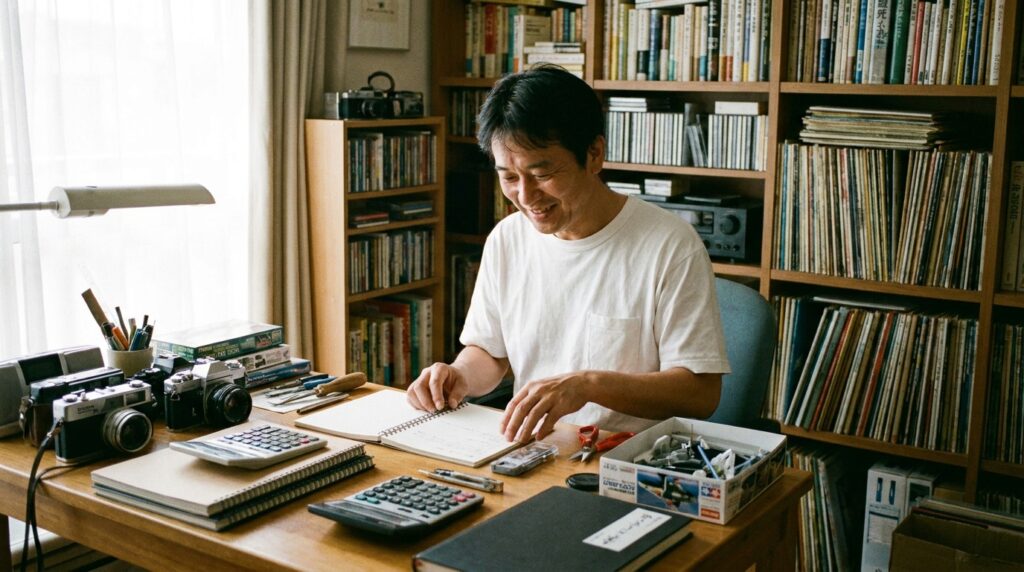 50代独身男性が趣味道具を整理しながら趣味費を見直している様子