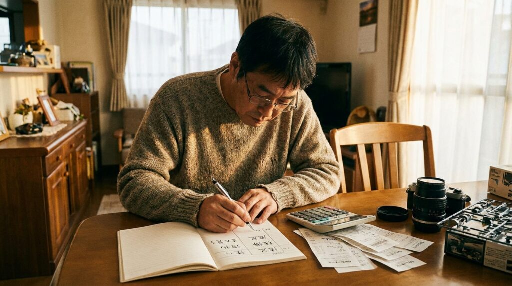 50代男性が趣味費を満足と後悔に分けて記録している様子