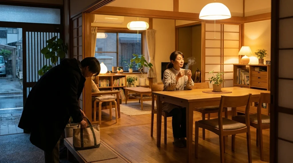 夕方のダイニングで別々の時間を過ごす50代の日本人女性と成人した子ども
