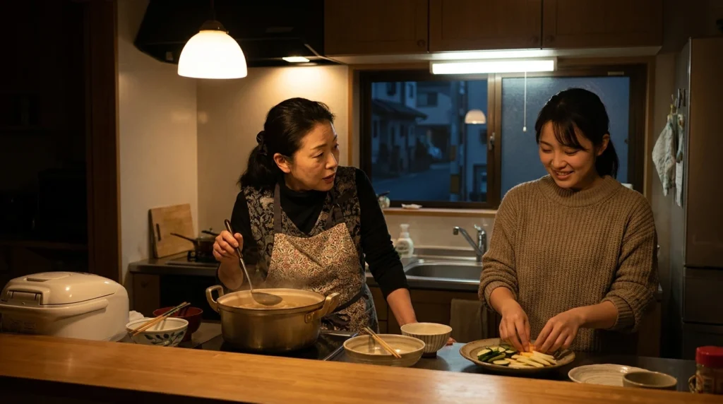 夕食の準備をしながら自然に会話する50代の日本人女性と成人した娘