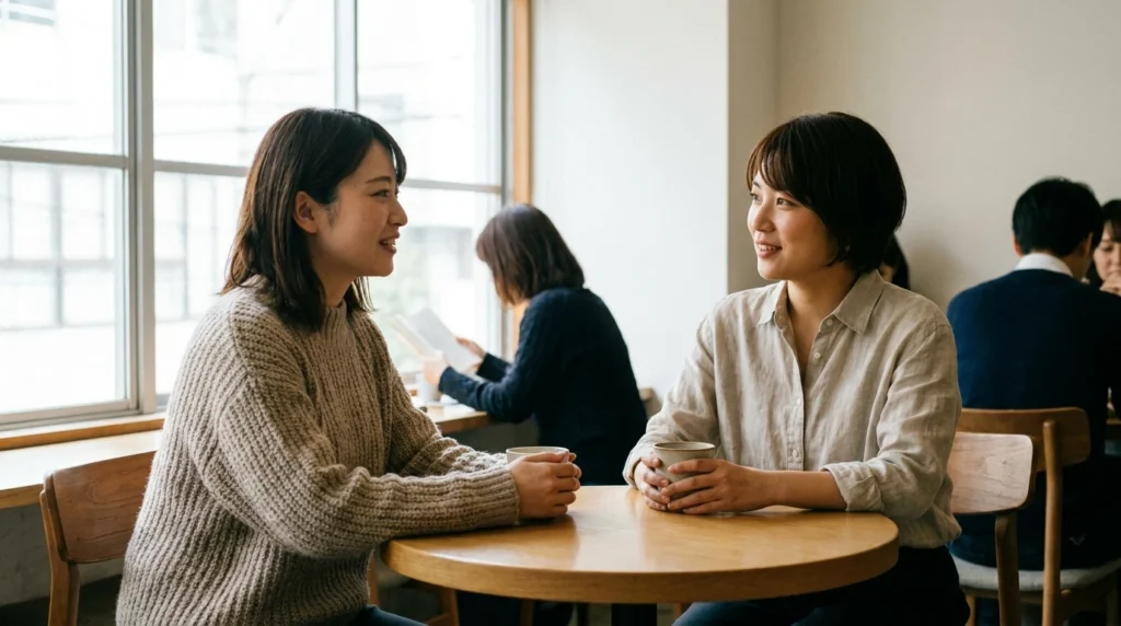 カフェで友人と穏やかに会話しながら、気持ちを整理する日本人女性