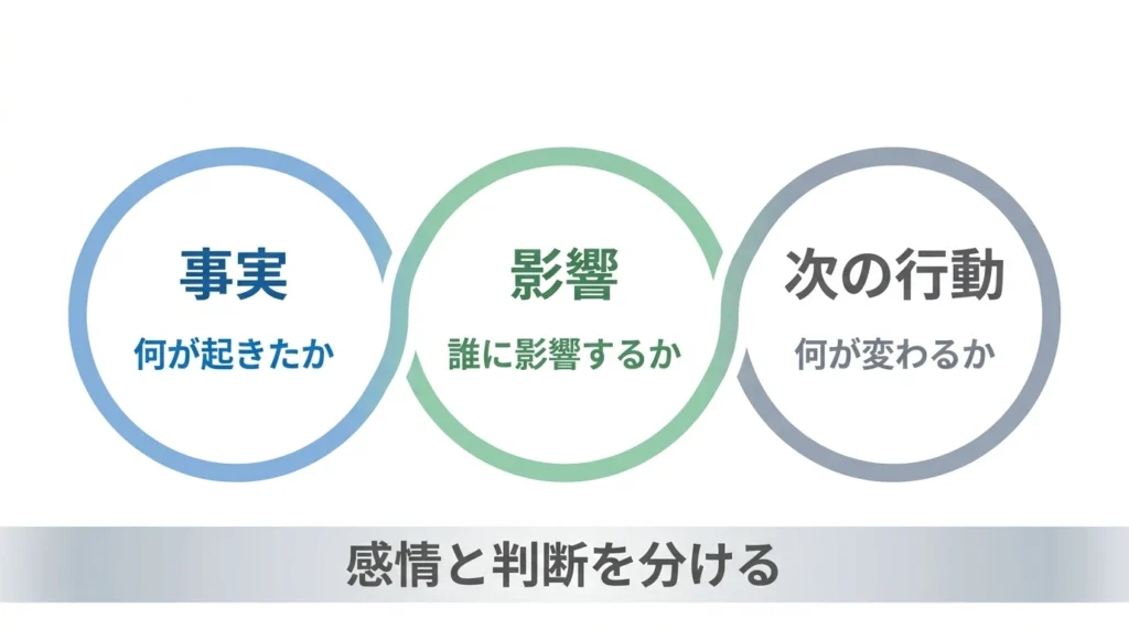 部下への対応を事実影響次の行動に分けて考える図解