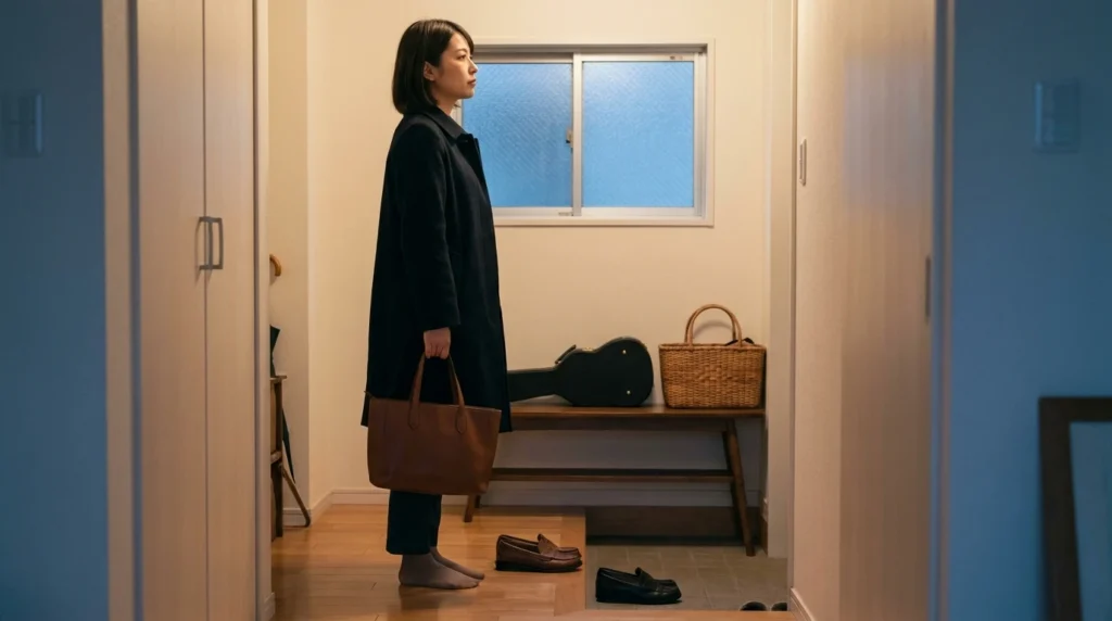 仕事帰りの玄関でキャリアや趣味について考える日本人女性