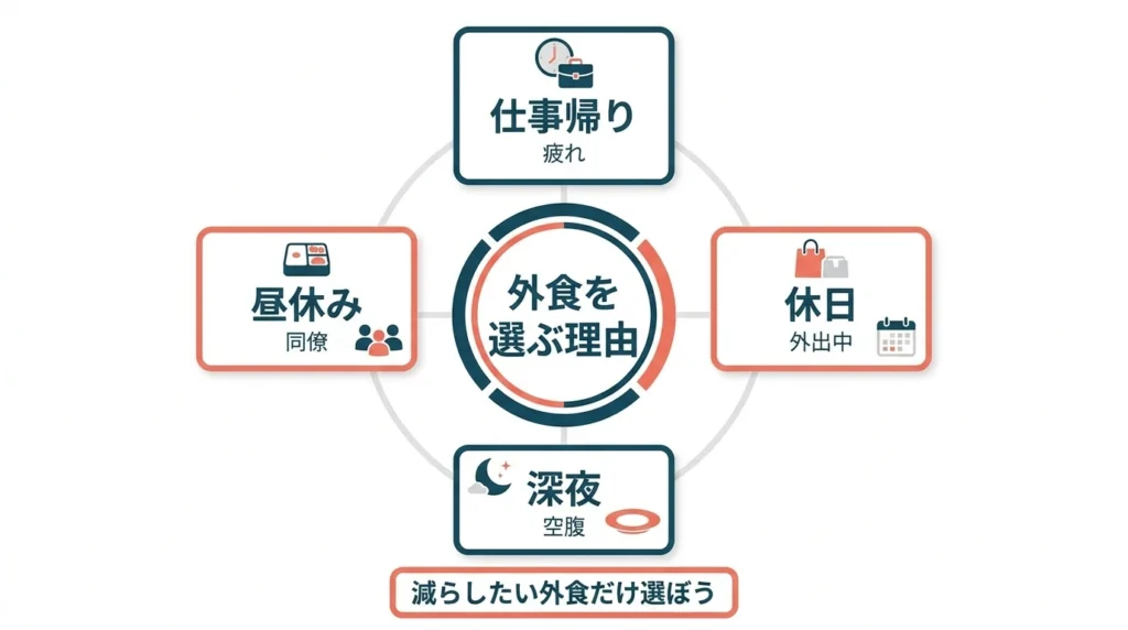外食が増える場面を仕事帰り、昼休み、休日、深夜に分けた図解