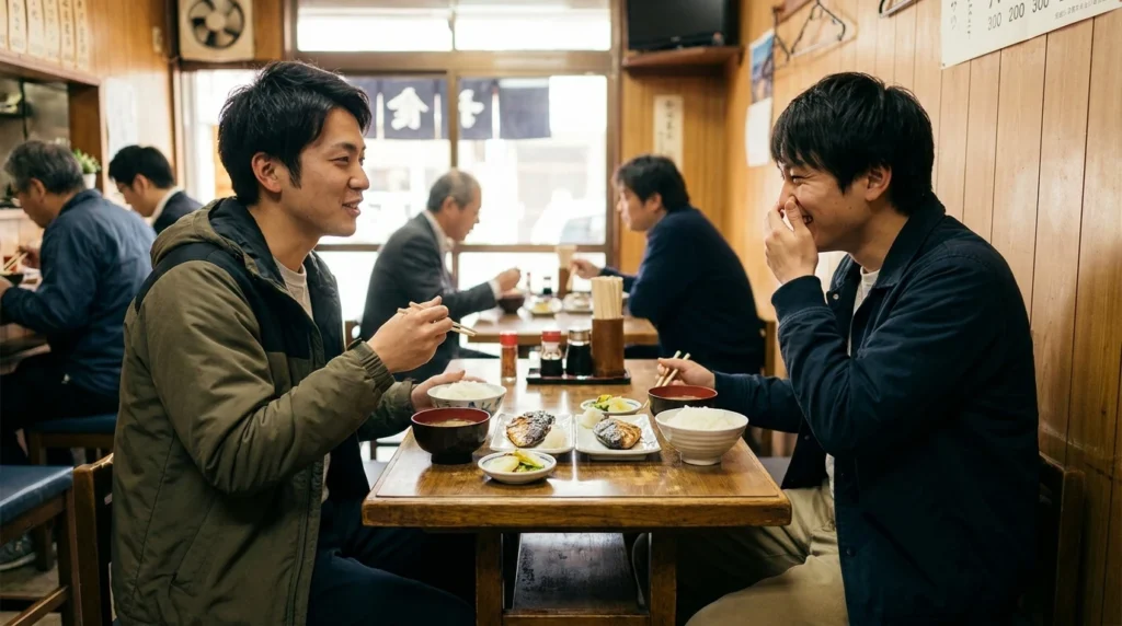 定食店で食事をしながら会話をする日本人の若い男性二人