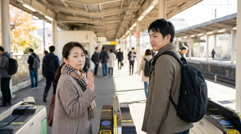 駅の改札で成人した子どもを穏やかに見送る50代の日本人女性