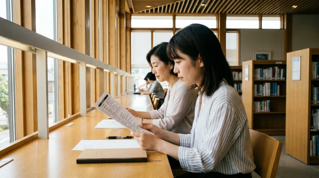 就職条件を自分で確認する成人女性と隣で見守る50代の日本人母親