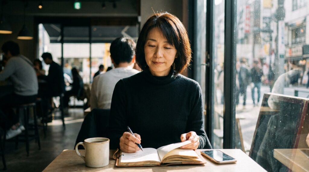 カフェでノートを開き自分の時間を過ごす50代独身女性