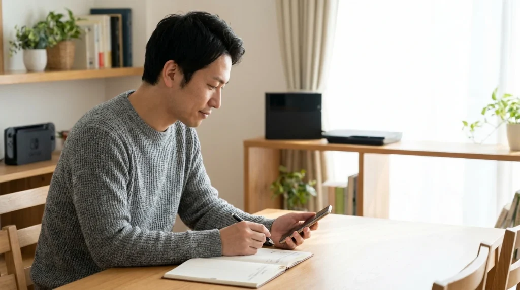 ゲームの購入履歴とカレンダーを前に、落ち着いて支出を見直す日本人男性