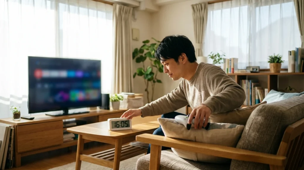 自宅のソファでゲームを楽しみながら、終了時刻のアラームを確認する日本人男性
