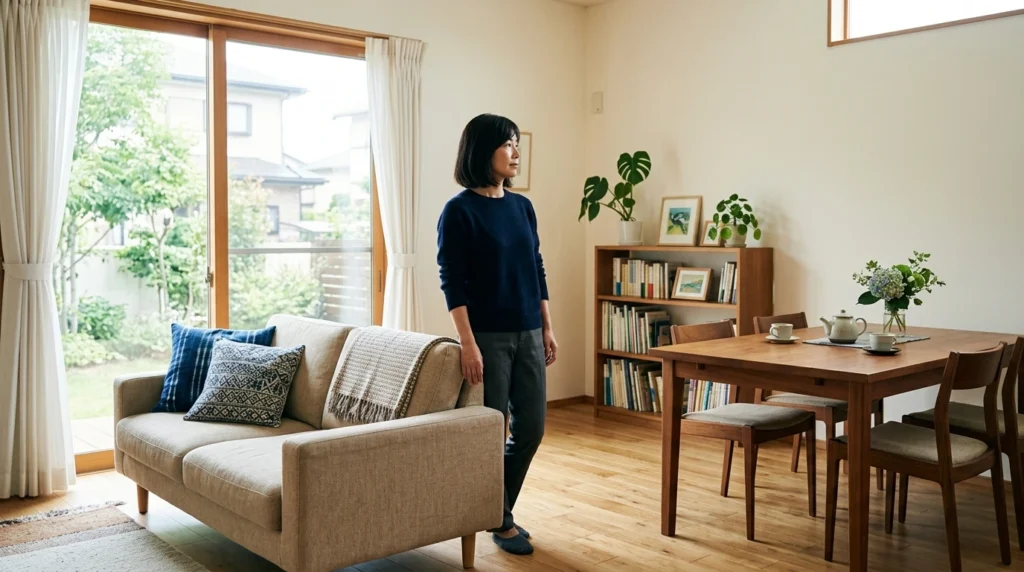リビングで窓とソファと食卓の位置を見ながら優先する窓を考える日本人女性