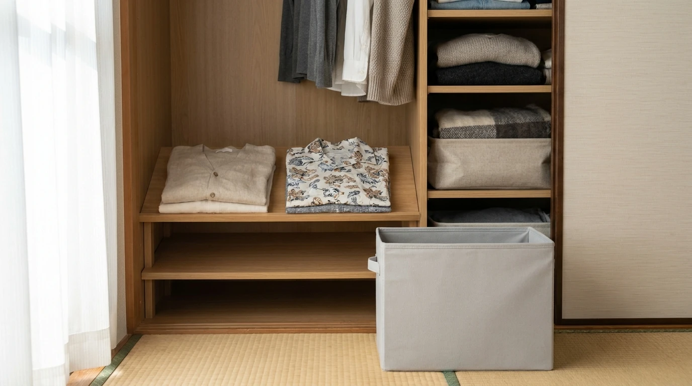 季節の違う服が少量ずつ見える自然なクローゼットの様子