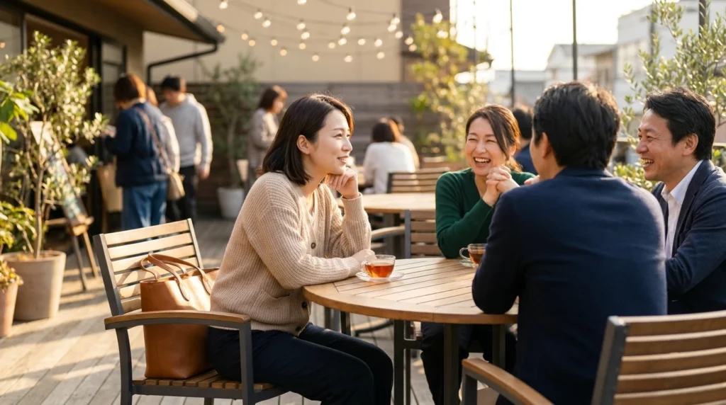 カフェテラスで友人と過ごしスマホをバッグにしまう日本人女性
