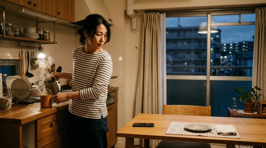 夕方の台所でスマートフォンを伏せ、飲み物を用意しながら返信を急がない日本人男性