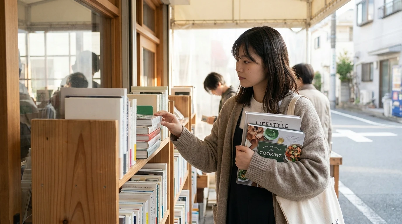 書店で自分の暮らしに関する本を選ぶ20代の日本人女性