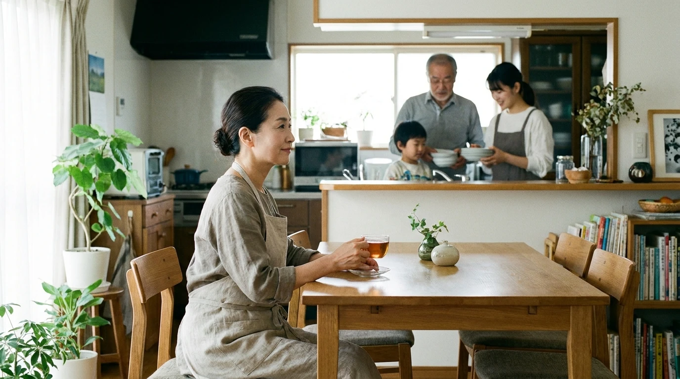 家族がいるダイニングでお茶を飲み自分の時間を過ごす50代の日本人女性