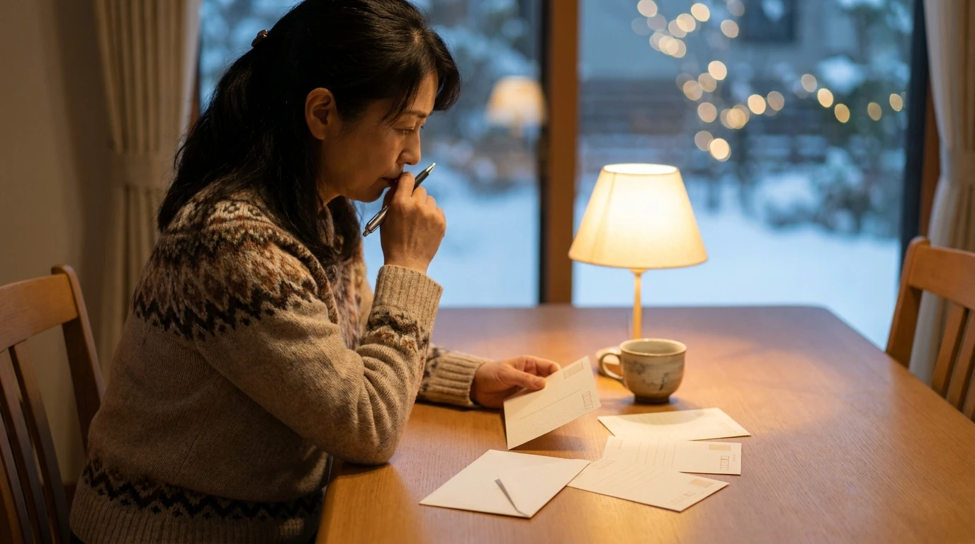 年賀状を前に今後の挨拶について考える日本人女性
