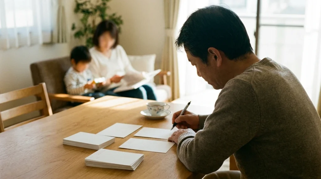 年賀状じまいの文面を三人分だけ下書きする自然な机の様子
