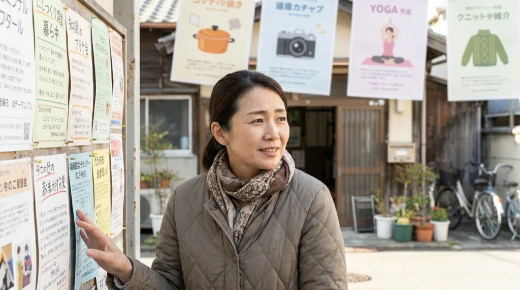 40代女性がカルチャーセンターの掲示板を見ながら新しい趣味を始めるか迷っている様子