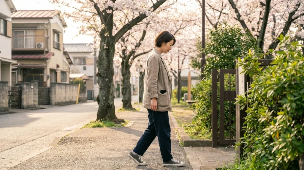40代女性が新しい趣味を10分だけ試すために近所を歩き始める様子