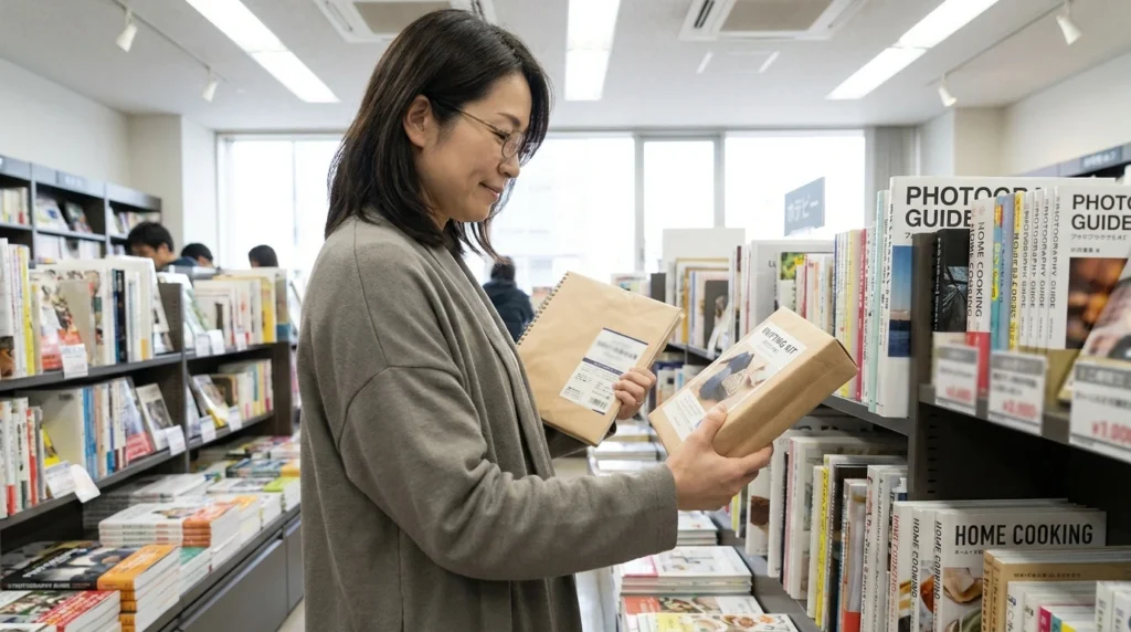40代女性が書店の趣味コーナーで新しい趣味の候補を見比べている様子