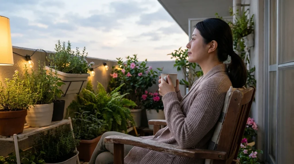 40代女性がベランダで休みながら趣味がなくても自分を責めない時間を過ごす様子
