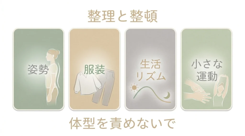 体型を責めず姿勢服生活リズム小さな運動に分けて整える図解
