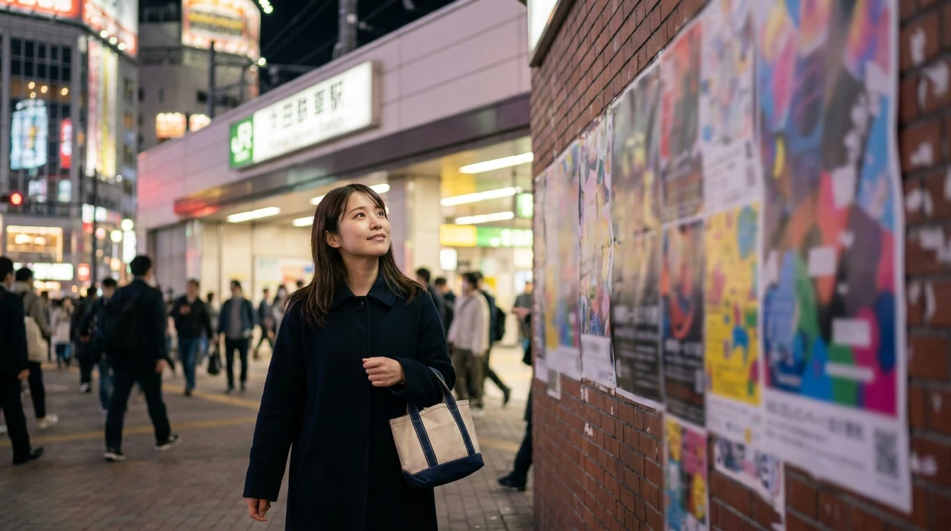 夜の駅前で抽象的なポスターを見上げながら歩く日本人女性