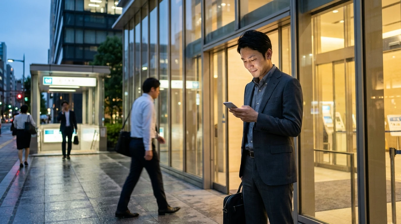 退勤後に職場の慣習と働き方を整理する40代の日本人男性