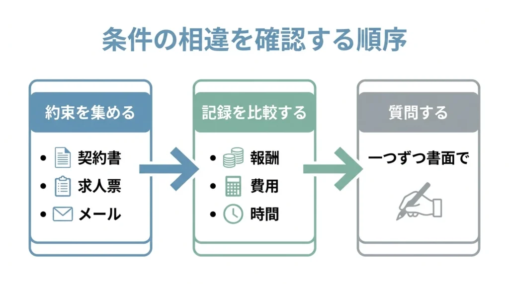 貨物業務委託の契約条件を約束、記録、質問の順に確認する図解