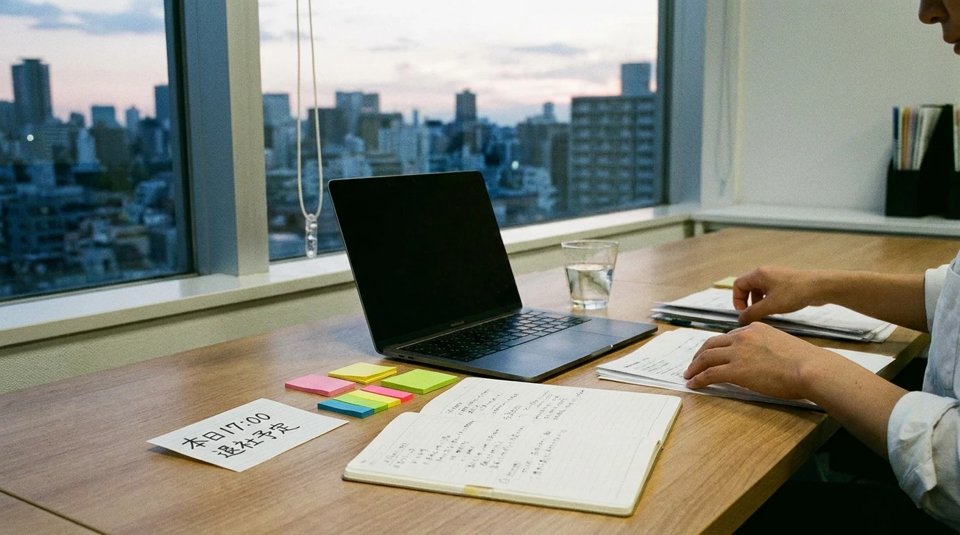 残業を減らすために仕事量と退勤予定を整理しているオフィスのデスク