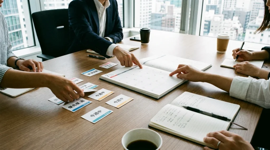 残業依頼の優先順位を確認するためにタスクカードを並べた会議テーブル