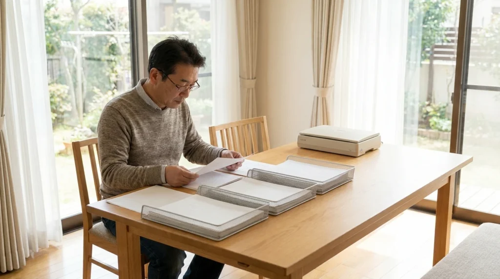 書類をスキャンする前に用途を分けている日本人男性