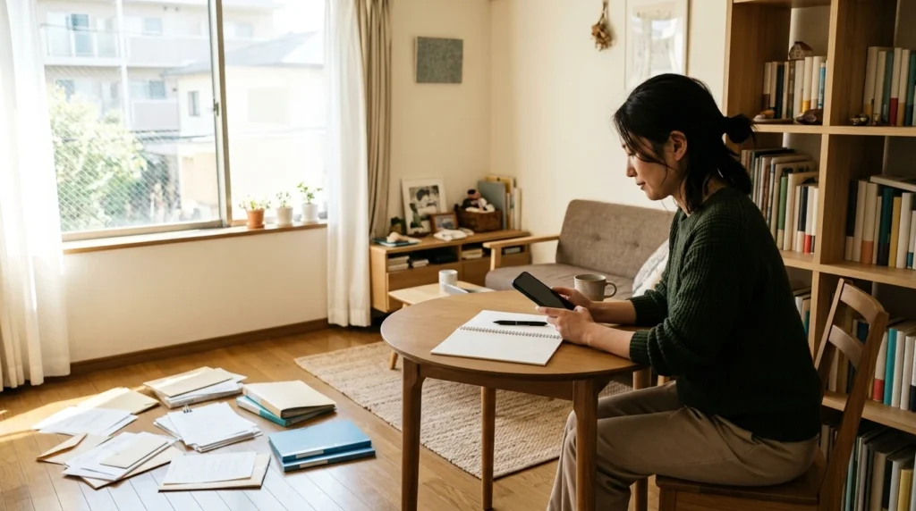 自宅でノートとスマートフォンを見ながら個人情報の見え方を確認する日本人女性