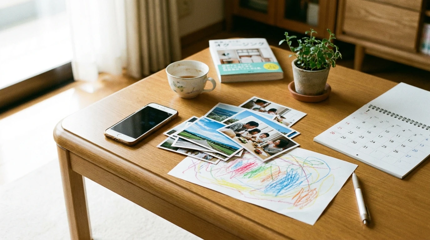 子どもの写真整理を始めるためにスマホと写真プリントを並べたリビングの机