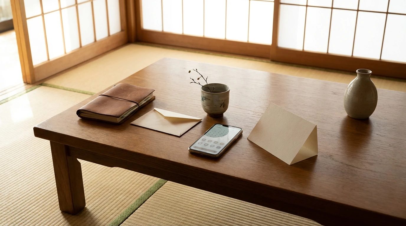 親戚付き合いの予定と連絡を整理するために手帳と封筒を置いたリビングの机