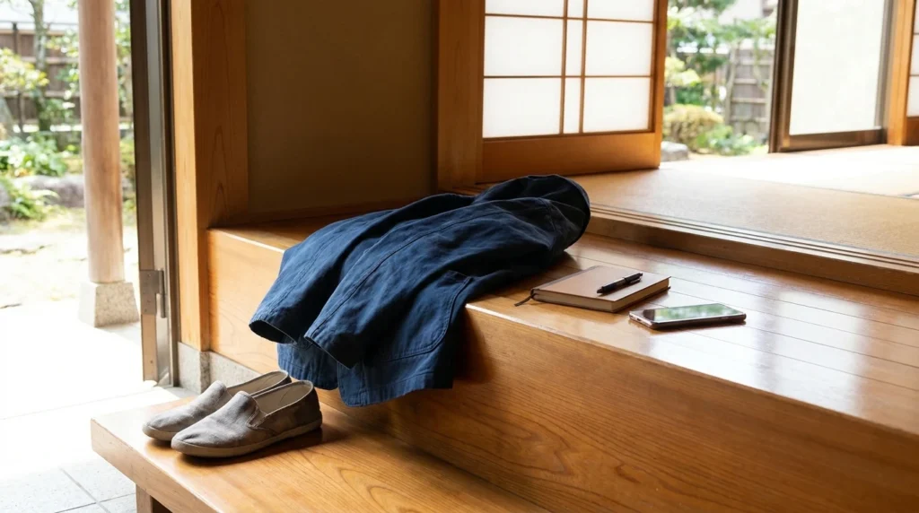 親戚付き合いで無理なく短時間だけ関わるために玄関で予定を整える様子