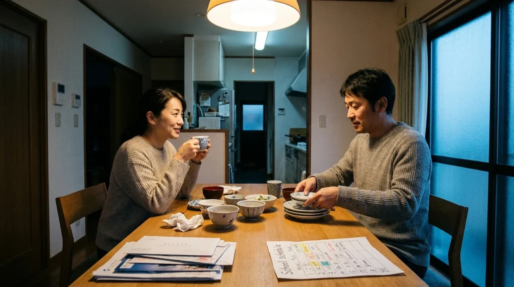 夕食後の食卓で話し始める40代の日本人夫婦