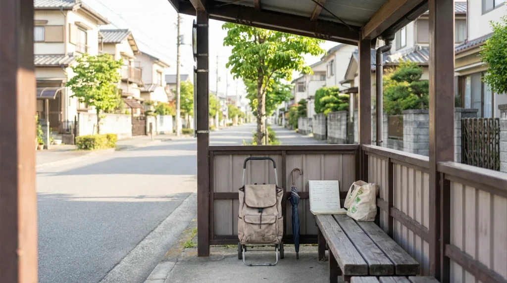 免許返納後の買い物計画を表す買い物カートとエコバッグのあるバス停