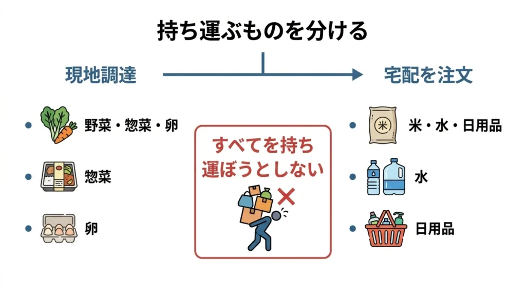 免許返納後の買い物で軽い物と重い物を分ける図解