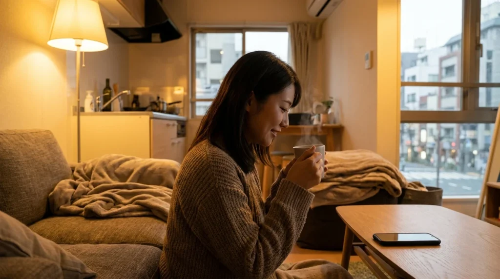 宅後にスマートフォンを伏せて通知との距離を整える日本人女性